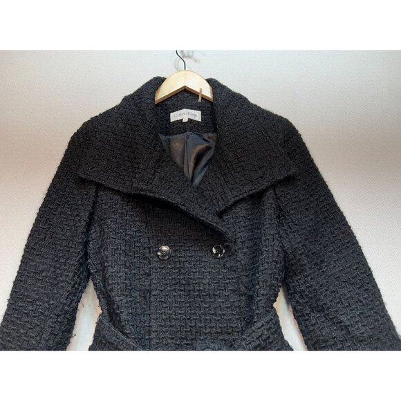 Calvin Klein Womens Basketweave Wool Double Breasted Peacoat Belted Size S Black - Picture 5 of 12